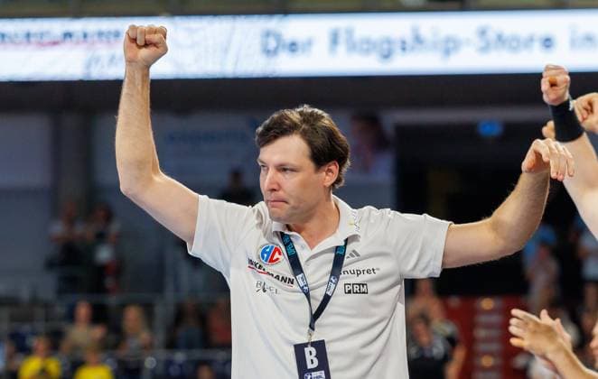 September 2, 2026 Handball 1st Bundesliga OPEL HBL 2026–2027 Season, Matchday 2: HC Erlangen (Nuremberg Metropolitan Region) vs. HCE TSV Hannover Burgdorf; Die Recken Women’s Team; xdaxmax; Jubilation; Joy; Johannes Sellin, Coach of HC Erlangen (HCE), clenches his fist fist fists is happy joy