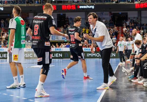 September 2, 2026 Handball 1st Bundesliga OPEL HBL 2026–2027 Season, Matchday 2: HC Erlangen (Nuremberg Metropolitan Region HCE) vs. TSV Hannover Burgdorf (Die Recken DaMa) xdaxmax Johannes Sellin, coach of HC Erlangen HCE, gives instructions to Sander Andreassen Overjordet 8, HC Erlangen HCE