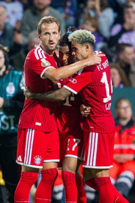 September 2, 2026 Soccer, 2026–2027, DFB Cup, 1st Round, VfL Osnabrück vs. FC Bayern Munich, Round 2: Michael Olise (Munich) celebrates after scoring the goal to make it 1–3 with (L–R) Lennart Karl (Munich), Harry Kane (Munich), and Luis Diaz (Munich). DFB regulations prohibit any use of photographs as image sequences and or quasi-video.