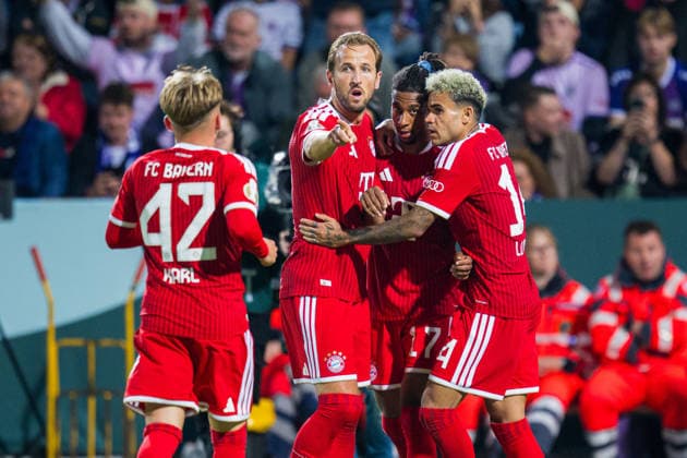 September 2, 2026 Soccer, 2026–2027, DFB Cup, 1st Round, VfL Osnabrück vs. FC Bayern Munich, Round 2: Michael Olise (Munich) celebrates after scoring the goal to make it 1–3 with (L–R) Lennart Karl (Munich), Harry Kane (Munich), and Luis Diaz (Munich). DFB regulations prohibit any use of photographs as image sequences and or quasi-video.
