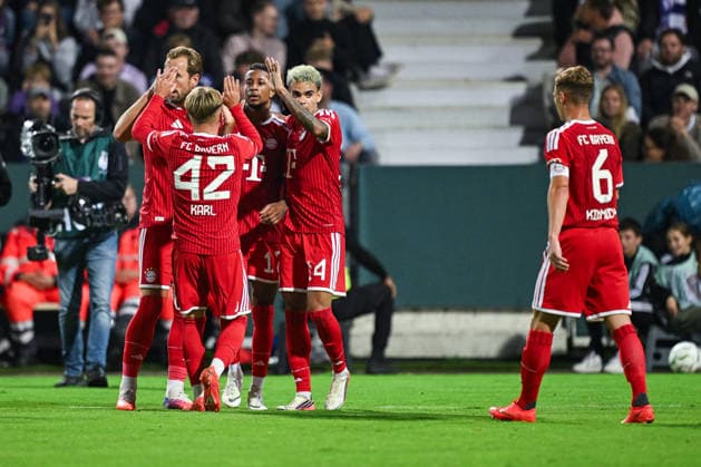 September 2, 2026, Soccer, DFB Cup, VfL Osnabrück vs. FC Bayern Munich, Michael Olise (FC Bayern Munich) celebrates the goal that made the score 1-3, alongside Harry Kane (FC Bayern Munich), Luis Diaz (FC Bayern Munich), and Lennart Karl (FC Bayern Munich). xRHR PHOTO DEx Copyright: TeresaxKroeger RHR-FOTOx RHR-FOTO DE