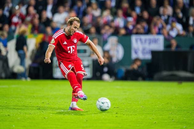 September 2, 2026 Soccer, 2026–2027, DFB Cup, 1st Round, VfL Osnabrück vs. FC Bayern Munich: Harry Kane scores the goal to make it 1–4 on a penalty kick. DFB REGULATIONS PROHIBIT ANY USE OF PHOTOGRAPHS AS IMAGE SEQUENCES AND OR QUASI-VIDEO
