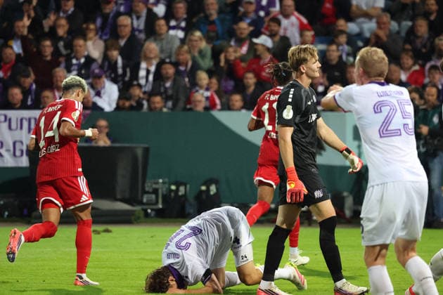 September 2, 2026, xrekx, Soccer, DFB Cup First Round, VfL Osnabrück vs. FC Bayern Munich, Michael Olise, FC Bayern Munich, goal celebration after scoring the goal, 1-3 Osnabrück