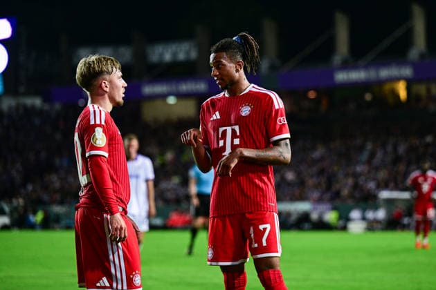 September 2, 2026, Soccer, DFB Cup, VfL Osnabrück vs. FC Bayern Munich, Lennart Karl (FC Bayern Munich) and Michael Olise (FC Bayern Munich) talk xRHR PHOTO DEx Copyright: TeresaxKroeger RHR-FOTOx RHR-FOTO DE