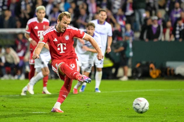 Soccer, DFB Cup, 20260902, VfL Osnabrück vs. FC Bayern Munich. Pictured: Goal 1, 4. Goal scorer: Harry KANE (Bayern), 9 (Osnabrück). Osnatel Arena, Lower Saxony, Germany Copyright: Passion2Press MarkusxFischerx