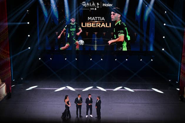 IPA88042426 - Mattia Liberali of Calcio 1907 is seen on stage during the AIC Gran Gala del Calcio on September 2, 2026, at La Scala theater in Milan, Italy  Copyright: xTizianoxBallabio IPAxSportx xx 88042426