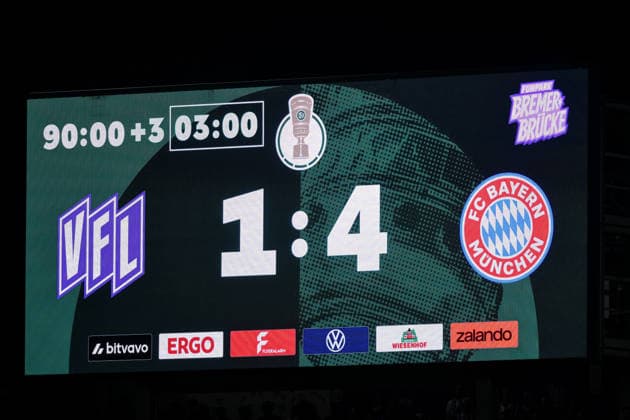 Soccer, DFB Cup, 20260902, VfL Osnabrück vs. FC Bayern Munich. Pictured: Scoreboard, final score 1–4, Osnabrück, Osnatel Arena, Lower Saxony, Germany Copyright: Passion2Press MarkusxFischerx