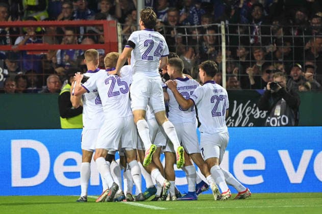 VfL Osnabrück celebrates after Robin MEISSNER scores the 1-0 goal Meißner, VfL Osnabrück Celebration, cheering, joy, cheers, soccer, DFB Cup, 1st round, VfL Osnabrück vs. FC Bayern Munich on September 2, 2026, at the Stadion an der Bremer Brücke in Osnabrück, Germany. DFL and DFB regulations prohibit any use of photographs as image sequences and or quasi-video.
