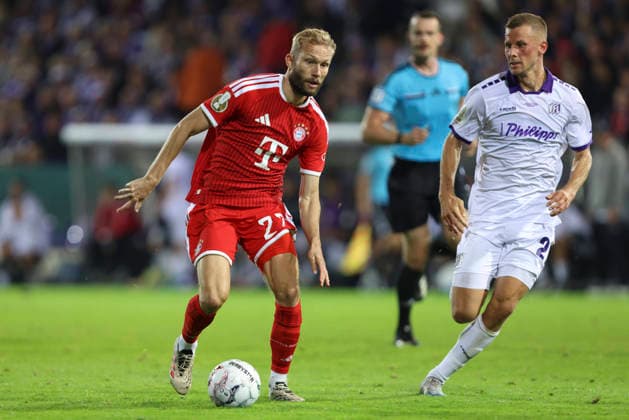 Konrad Laimer of FC Bayern Munich and Adrian Beck of VfL Osnabrück in a tackle during the DFB Cup match between VfL Osnabrück and FC Bayern Munich at Bremer Brücke on September 2, 2026, in Osnabrück, Germany. Photo by Oliver Kaelke, DeFodi Images. Konrad Laimer of FC Bayern Munich and Adrian Beck of VfL Osnabrück battle for the ball during the DFB Cup match between VfL Osnabrück and FC Bayern Munich at Bremer Brücke on September 2, 2026 in Osnabrück, Germany. Photo by Oliver Kaelke, DeFodi Images. Photo by Oliver Kaelke, DeFodi Images.