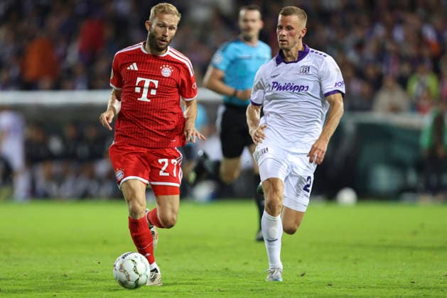 Konrad Laimer of FC Bayern Munich and Adrian Beck of VfL Osnabrück in a tackle during the DFB Cup match between VfL Osnabrück and FC Bayern Munich at Bremer Brücke on September 2, 2026, in Osnabrück, Germany. Photo by Oliver Kaelke, DeFodi Images. Konrad Laimer of FC Bayern Munich and Adrian Beck of VfL Osnabrück battle for the ball during the DFB Cup match between VfL Osnabrück and FC Bayern Munich at Bremer Brücke on September 2, 2026 in Osnabrück, Germany. Photo by Oliver Kaelke, DeFodi Images. Photo by Oliver Kaelke, DeFodi Images.