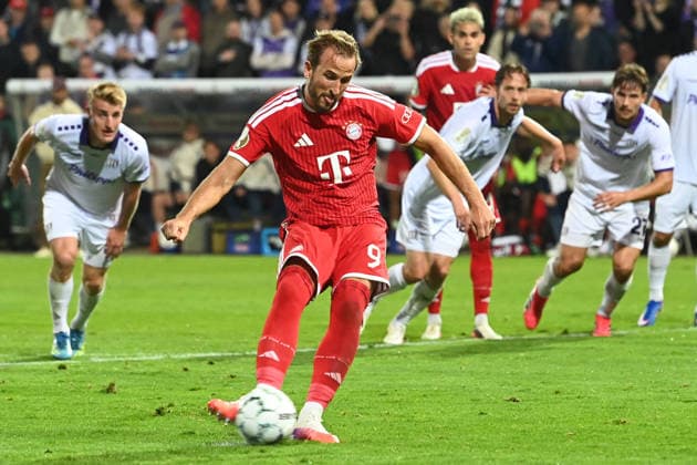 Harry KANE M scores the goal to make it 1–4 on a penalty kick, Soccer DFB Cup, 1st Round, VfL Osnabrück vs. FC Bayern Munich 1–4 on September 2, 2026, at the Stadion an der Bremer Brücke in Osnabrück, Germany. DFL and DFB regulations prohibit any use of photographs as image sequences and or quasi-video.
