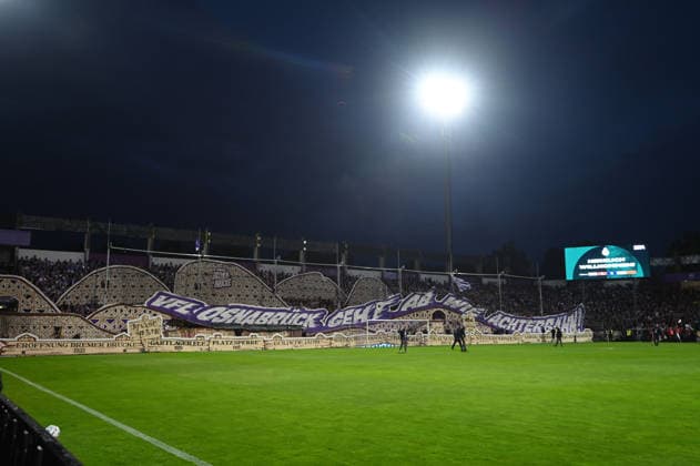 Choreography by the VfL Osnabrück Ultras, fans, fan section, soccer, DFB Cup, 1st round, VfL Osnabrück vs. FC Bayern Munich 1–4 on September 2, 2026, at the Stadion an der Bremer Brücke in Osnabrück, Germany. DFL and DFB regulations prohibit any use of photographs as image sequences and or quasi-video.