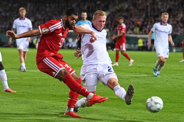 Ismael SAIBARI M vs. Niclas WIEMANN, VfL Osnabrück, Action, Tackle, Soccer, DFB Cup, 1st Round, VfL Osnabrück vs. FC Bayern Munich 1–4 on September 2, 2026, at the Stadion an der Bremer Brücke in Osnabrück, Germany. DFL and DFB regulations prohibit any use of photographs as image sequences and or quasi-video.