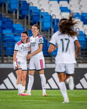 Real Madrid CF v Ajax - Women s Champions League 2026 27 Players of Real Madrid CF (from L to R) Eva Navarro, Lotte Keukelaar, Andreia Jacinto celebrates a goal during the UEFA Women s Champions League 2026 27 third qualifying round second leg football match between Real Madrid and Ajax at Estadio Alfredo Di Stefano on September 2, 2026 in Madrid, Spain. Madrid Estadio Alfredo Di Stefano Madrid Spain Copyright: xAlbertoxGardinx AGardin_20260902_Foot_WCha_Rea_Mad_Aja_0030