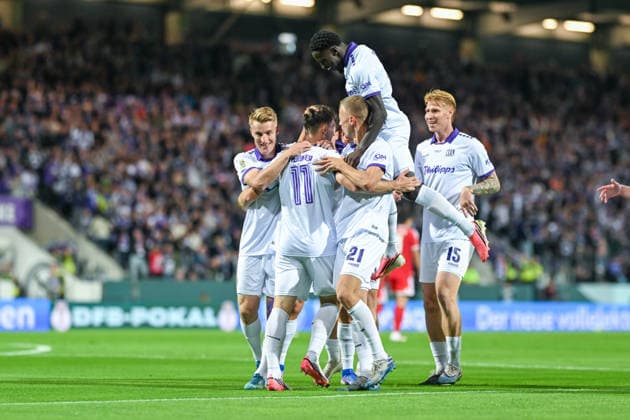 DFB Cup 26-27: VfL Osnabrück vs. FC Bayern Munich on September 2, 2026, at the Bremer Brücke in Osnabrück—cheers, goal celebrations, Goal scorers, Robin Meißner (Osnabrück) celebrates after scoring the 1–0 goal MT