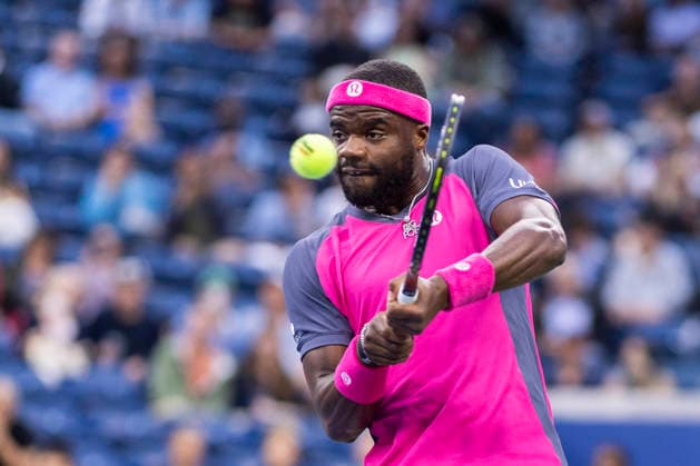 Frances Tiafoe returns a ball to Rei Sakamoto of Japan in the first set of their second round match in Louis Armstrong Stadium at the 2026 US Open Tennis Championships at the USTA Billie Jean King National Tennis Center in New York City on Wednesday, September 2, 2026.  NYP20260902302 COREYxSIPKIN
