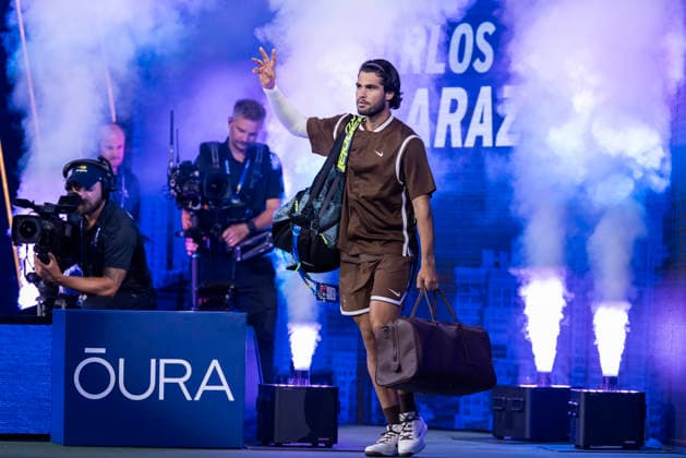 Carlos Alcaraz of Spain walks onto the court before his second round match against Jaime Faria of Portugal in Arthur Ashe Stadium at the 2026 US Open Tennis Championships at the USTA Billie Jean King National Tennis Center in New York City on Wednesday, September 2, 2026.  NYP20260902318 COREYxSIPKIN