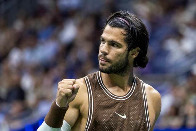 Carlos Alcaraz of Spain reacts after winning a point against Jaime Faria of Portugal in the first set of their second round match in Arthur Ashe Stadium at the 2026 US Open Tennis Championships at the USTA Billie Jean King National Tennis Center in New York City on Wednesday, September 2, 2026.  NYP20260902320 COREYxSIPKIN