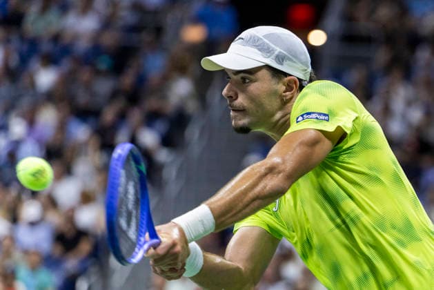 Jaime Faria of Portugal returns a ball to Carlos Alcaraz of Spain in the first set of their second round match in Arthur Ashe Stadium at the 2026 US Open Tennis Championships at the USTA Billie Jean King National Tennis Center in New York City on Wednesday, September 2, 2026.  NYP20260902324 COREYxSIPKIN