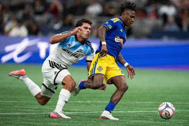 September 2, 2026, Vancouver, Bc, CANADA: CF Montreal s Daniel Rios, left, trips as Vancouver Whitecaps Edier Ocampo vies for the ball during first half Canadian Championship semifinal soccer action in Vancouver on Wednesday, September 2, 2026. Canada News - September 2, 2026  - ZUMAc35_ 20260902_zaf_c35_124 Copyright: xEthanxCairnsx