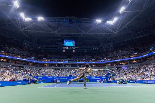 Carlos Alcaraz of Spain returns a ball to Jaime Faria of Portugal in the third set of their second round match in Arthur Ashe Stadium at the 2026 US Open Tennis Championships at the USTA Billie Jean King National Tennis Center in New York City on Wednesday, September 2, 2026.  NYP20260902333 COREYxSIPKIN
