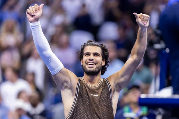 Carlos Alcaraz of Spain celebrates his win in 4 sets against Jaime Faria of Portugal after their second round match in Arthur Ashe Stadium at the 2026 US Open Tennis Championships at the USTA Billie Jean King National Tennis Center in New York City on Wednesday, September 2, 2026.  NYP20260902336 COREYxSIPKIN
