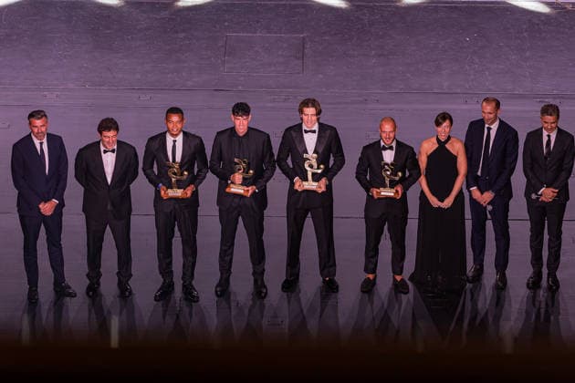 IPA88052900 - Defenders of the Year Marco Palestra (Cagliari, now Chelsea), Alessandro Bastoni (Inter), Manuel Akanji (Inter), and Federico Dimarco (Inter) at the AIC 2026 Gran Gala del Calcio in Milan, Italy, on September 2, 2026  Copyright: xLucaxMicheli IPAxSportx xx 88052900