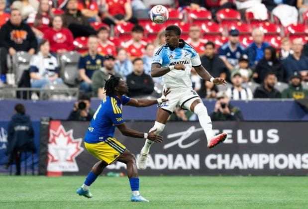 September 2, 2026, Vancouver, Bc, CANADA: CF Montreal s Brayan Ceballos, right, jumps for the ball as Vancouver Whitecaps Emmanuel Sabbi defends during first half Canadian Championship semifinal soccer action in Vancouver on Wednesday, Sept. 2, 2026. Canada News - September 2, 2026  - ZUMAc35_ 20260902_zaf_c35_131 Copyright: xEthanxCairnsx
