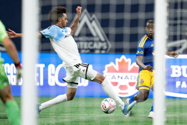 September 2, 2026, Vancouver, Bc, CANADA: Vancouver Whitecaps Bruno Caicedo (14) passes the ball in front of the net for Ryan Gauld, not seen, to score as CF Montreal s Jalen Neal defends during second half Canadian Championship semifinal soccer action in Vancouver on Wednesday, Sept. 2, 2026. Canada News - September 2, 2026  - ZUMAc35_ 20260902_zaf_c35_133 Copyright: xEthanxCairnsx