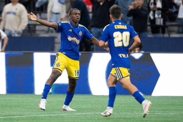September 2, 2026, Vancouver, Bc, CANADA: Vancouver Whitecaps Bruno Caicedo (14) celebrates, Ryan Gauld s goal against CF Montreal with Andres Cubas (20) during second half Canadian Championship semifinal soccer action in Vancouver on Wednesday, Sept. 2, 2026. Canada News - September 2, 2026  - ZUMAc35_ 20260902_zaf_c35_134 Copyright: xEthanxCairnsx