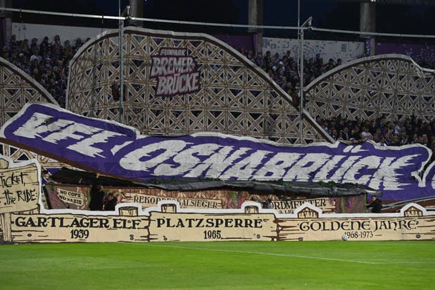 Choreography by the VfL Osnabrück Ultras, fans, fan section, soccer, DFB Cup, 1st round, VfL Osnabrück vs. FC Bayern Munich 1–4 on September 2, 2026, at the Stadion an der Bremer Brücke in Osnabrück, Germany. DFL and DFB regulations prohibit any use of photographs as image sequences and or quasi-video.