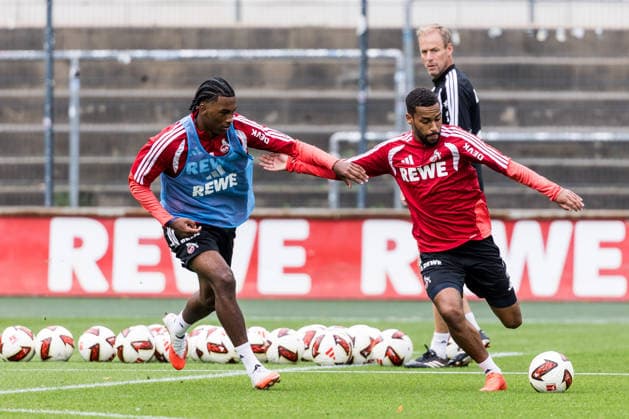 COLOGNE, GERMANY - SEPTEMBER 03: Linton Maina (1. FC Koeln, 37) controls the ball against Reigan Heskey (1. FC Koeln, 11) during a training session of season 2026 27 at Geissbockheim on September 03, 2026 in Cologne, Germany. North Rhine Westphalia Germany Copyright: xSteffiexWunderlx