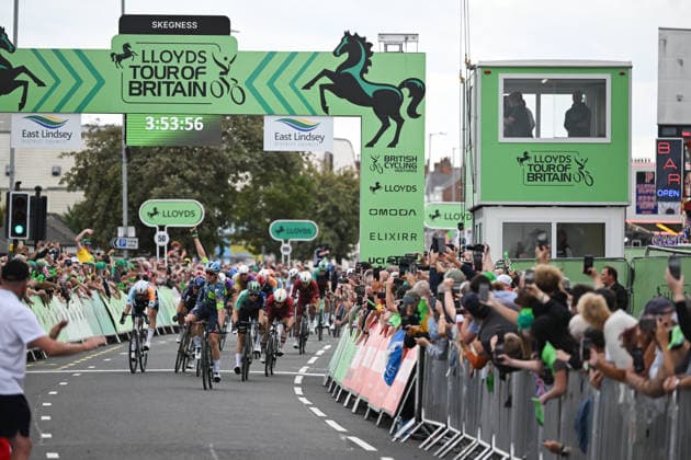2026 Lloyds Tour of Britain Men Picture by Zac Williams SWpix.com - 03 09 2026 - Cycling - UCI ProSeries - 2026 Lloyds Tour of Britain Men - Stage 2: Boston to Skegness (181.1km) - Tim Merlier (Soudal Quick-Step) Winner of Stage 2, crossing the line and celebrates Cycling Copyright: x xSWpix.comx(t axPhotographyxHubxLtd)xZacxWilliams SWpix.comx SWP-3030-21937