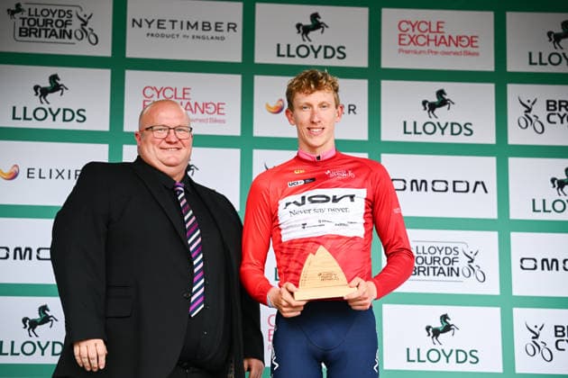 2026 Lloyds Tour of Britain Men Picture by Simon Wilkinson SWpix.com - 03 09 2026 - Cycling - UCI ProSeries - 2026 Lloyds Tour of Britain Men - Stage 2: Boston to Skegness (181.1km) - Lewis Askey (NSN Cycling Team) wearing the points jersey Copyright: x xSWpix.comx(t axPhotographyxHubxLtd)xSimonxWilkinson SWpix.comx SWP-3030-21949