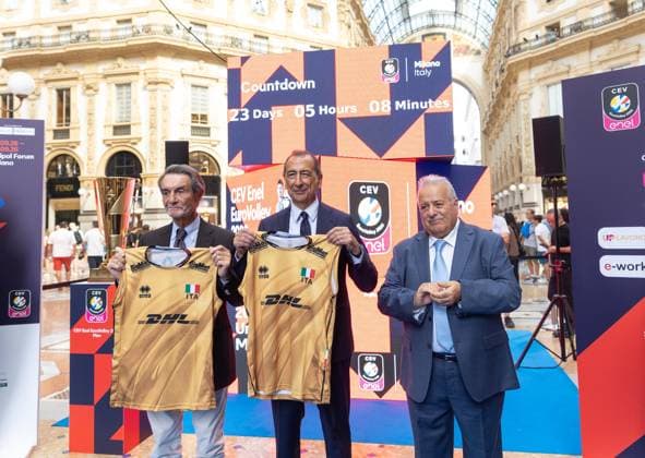 Attilio Fontana, Giuseppe Sala e Giuseppe Manfredi. Presentazione CountDown Clock del Prossimo Cel Enel Eurovolley 2026 in Galleria Vittorio Emanuele. GiovedÃ¬ 3 settembre 2026. Milano, Italia. (foto Stefano Porta LaPresse) Unveiling of the Countdown Clock for the upcoming Enel EuroVolley 2026 in Galleria Vittorio Emanuele. - Milan, Italy - September 3, 2026 (photo Stefano Porta LaPresse)  Copyright: xStefanoxPortax LaPressex