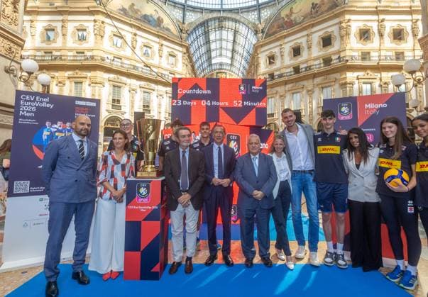 Foto fai Gruppo con Martina Riva e Giuseppe Sala Giuseppe Manfredi e Attilio Fontana. Presentazione CountDown Clock del Prossimo Cel Enel Eurovolley 2026 in Galleria Vittorio Emanuele. GiovedÃ¬ 3 settembre 2026. Milano, Italia. (foto Stefano Porta LaPresse) Unveiling of the Countdown Clock for the upcoming Enel EuroVolley 2026 in Galleria Vittorio Emanuele. - Milan, Italy - September 3, 2026 (photo Stefano Porta LaPresse)  Copyright: xStefanoxPortax LaPressex