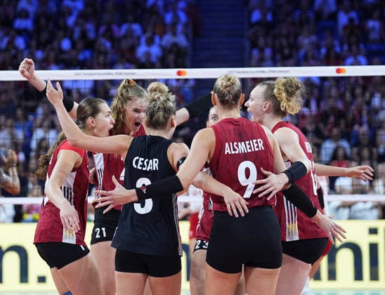 Turkiye v Germany - CEV EuroVolley 2026 ISTANBUL, TURKIYE - SEPTEMBER 3: Players of Germany celebrate after scoring during the CEV Women s European Volleyball Championship quarterfinal match between Turkiye and Germany at Sinan Erdem Sports Hall in Istanbul, Turkiye, on September 3, 2026. Esra Bilgin Anadolu Istanbul Turkey. Editorial use only. Please get in touch for any other usage.  Copyright: x2026xAnadoluxEsraxBilginx