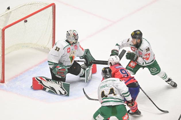 Matej Stransky of Pardubice scores a goal past goalkeeper Tomas Fucik of Tychy during the Hockey Champions League game: HC Dynamo Pardubice vs GKS Tychy, on September 3, 2026, in Pardubice, Czech Republic. (CTKxPhoto JosefxVostarek) CTKPhotoP2026090307218  CTKPhotoP2026090307218