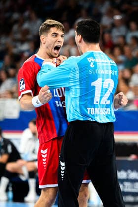Bietigheim HBL 26 27 SG BBM Bietigheim THW Kiel Nikola Vlahovic Bietigheim, Goalie Martin Tomovski Bietigheim Celebration Joy Emotion Bietigheim Bissingen Egetrans Arena Baden-Württemberg Germany