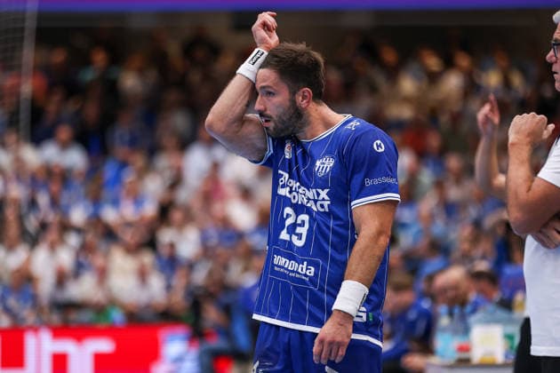 September 3, 2026, xkwix, Handball, Handball Bundesliga, TBV Lemgo Lippe vs. HSG Wetzlar, PHOENIX CONTACT arena, Matchday 2, 2026–2027 season. Tim Suton of TBV Lemgo Lippe, No. 23, wipes his face. Photo: xKamilxWilkowskixPressefotoKochx, North Rhine-Westphalia, Germany