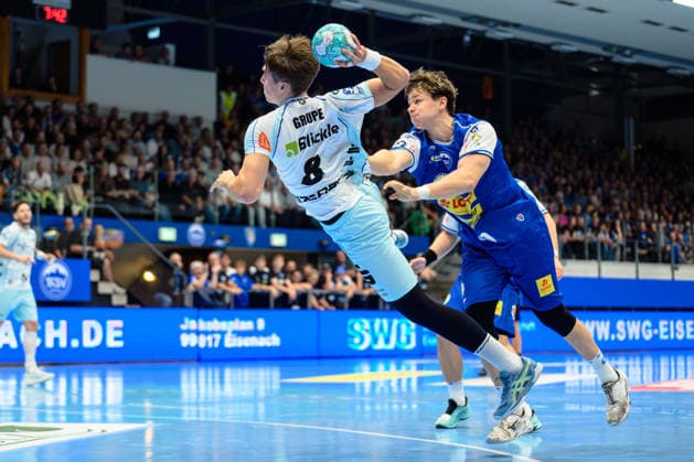 Magnus Grupe, HBW Balingen Weilstetten, 08; Tillman Leu, ThSV Eisenach, 99 GER; ThSV Eisenach vs. HBW Balingen Weilstetten, 1 Opel Handball Bundesliga, Handball, Matchday 2, 2026–2027 Season, September 3, 2026 GER, ThSV Eisenach vs. HBW Balingen Weilstetten, 1st Opel Handball Bundesliga, Handball, Matchday 2, 2026–2027 season, September 3, 2026 Eisenach Copyright: xMartinxHerbstx