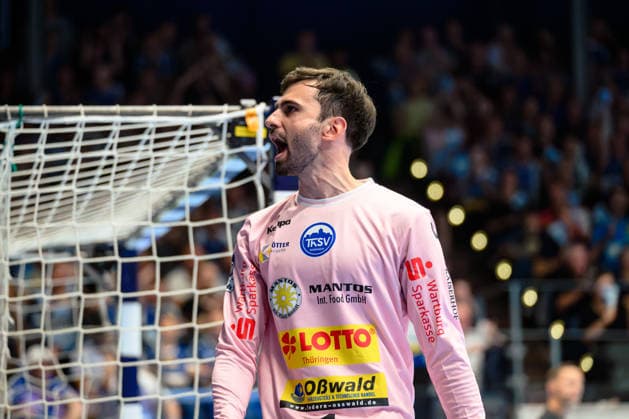 Matija Spikic, ThSV Eisenach, 01 Celebration after a 7-meter save (GER), ThSV Eisenach vs. HBW Balingen Weilstetten, 1 Opel Handball Bundesliga, Handball, Matchday 2, 2026–2027 Season, September 3, 2026, Germany, ThSV Eisenach vs. HBW Balingen Weilstetten, 1st Opel Handball Bundesliga, Handball, Matchday 2, 2026–2027 season, September 3, 2026, Eisenach Copyright: xMartinxHerbstx