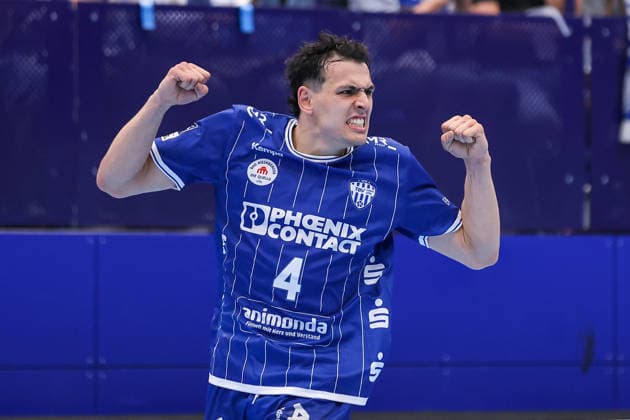 September 3, 2026, xkwix, Handball, Handball Bundesliga, TBV Lemgo Lippe vs. HSG Wetzlar, PHOENIX CONTACT arena, Matchday 2, 2026–2027 season: Samuel Zehnder of TBV Lemgo Lippe celebrates. Photo by xKamilxWilkowskixPressefotoKochx, North Rhine-Westphalia, Germany