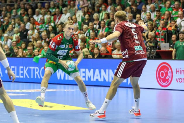 September 3, 2026, xgox, Handball, Opel HBL, SC Magdeburg vs. Füchse Berlin, emspor, from left: Gisli Thorgeir Kristjansson (Magdeburg), 10; Max Darj (Berlin), 5; tackle, duel, battle, Magdeburg