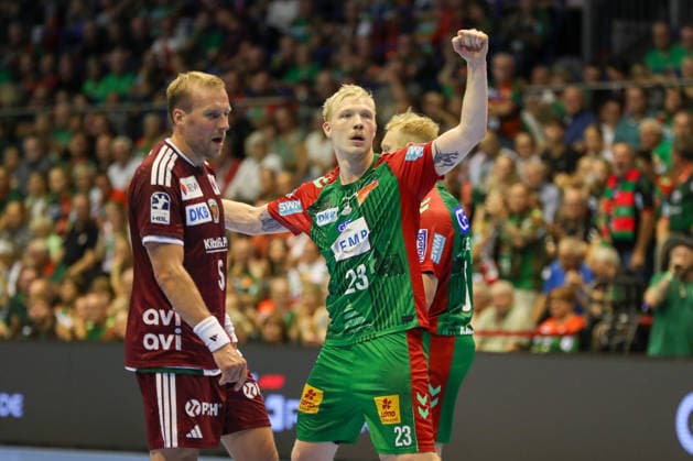September 3, 2026, xgox, Handball Opel HBL SC Magdeburg vs. Füchse Berlin emspor, from left: Magnus Saugstrup (Magdeburg), 23, celebrating, goal celebration, celebrating the goal, Magdeburg celebration