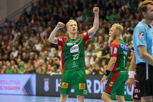 September 3, 2026, xgox, Handball Opel HBL SC Magdeburg vs. Füchse Berlin emspor, from left: Magnus Saugstrup (Magdeburg), 23, celebrating, goal celebration, celebrating the goal, Magdeburg celebration