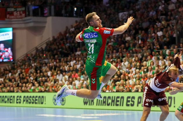 September 3, 2026, xgox, Handball Opel HBL SC Magdeburg vs. Füchse Berlin emspor, from left: Albin Lagergren (Magdeburg), 21 shots on goal, goal scorer, scores a goal, goal, scores the goal (Magdeburg)