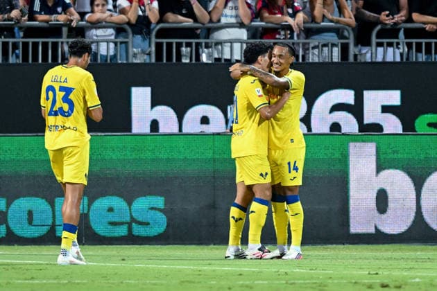 Hellas Verona s Abderrahman Harroui celebrates after scoring the goal for 0-1 during the Coppa Italia Frecciarossa soccer match between Cagliari Calcio and Hellas Verona at the Unipol Domus in Cagliari, Sardinia - Thursday 3rd september 2026. - Soccer  Copyright: xGianlucaxZuddas LaPressex