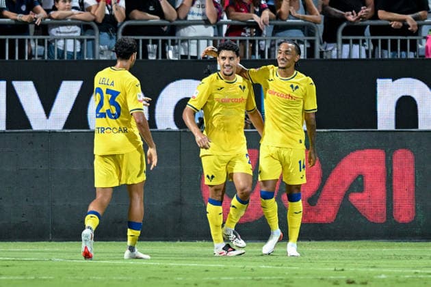 Hellas Verona s Abderrahman Harroui celebrates after scoring the goal for 0-1 during the Coppa Italia Frecciarossa soccer match between Cagliari Calcio and Hellas Verona at the Unipol Domus in Cagliari, Sardinia - Thursday 3rd september 2026. - Soccer  Copyright: xGianlucaxZuddas LaPressex