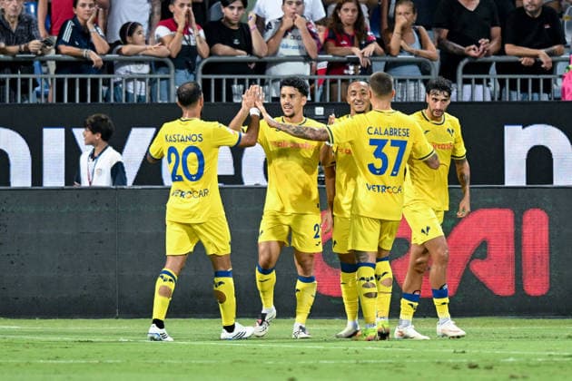 Hellas Verona s Abderrahman Harroui celebrates after scoring the goal for 0-1 during the Coppa Italia Frecciarossa soccer match between Cagliari Calcio and Hellas Verona at the Unipol Domus in Cagliari, Sardinia - Thursday 3rd september 2026. - Soccer  Copyright: xGianlucaxZuddas LaPressex